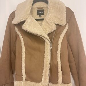 Express Women's Brown and Cream Teddy Jacket